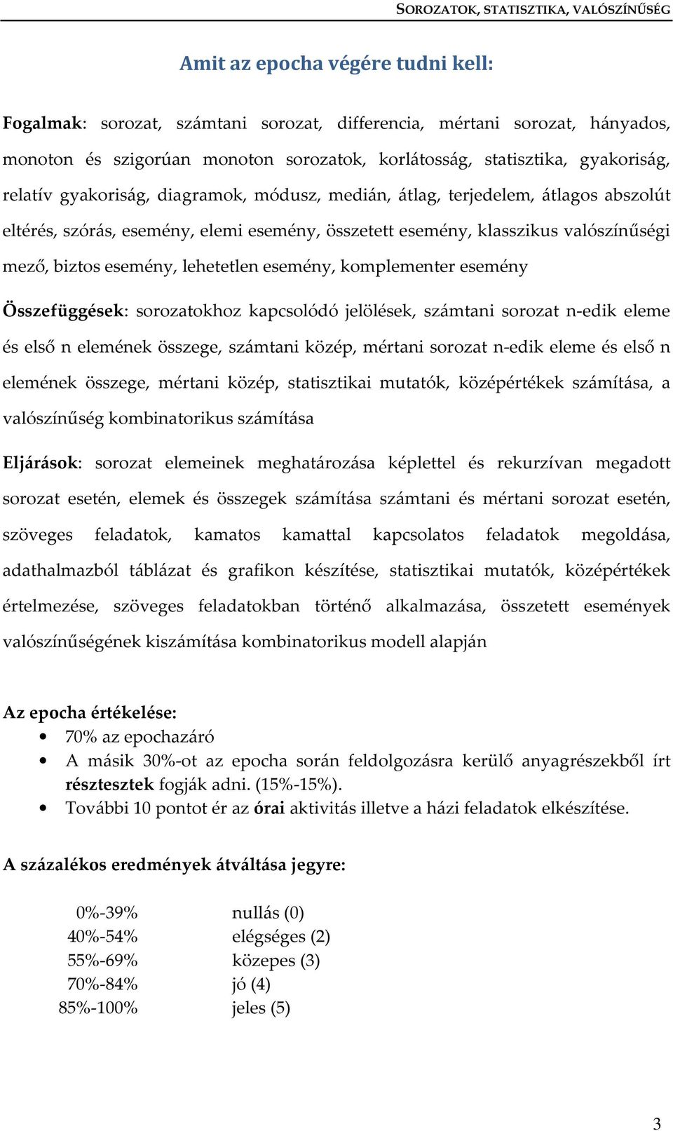 biztos eseméy, lehetetle eseméy, komplemeter eseméy Összefüggések: sorozatokhoz kapcsolódó jelölések, számtai sorozat -edik eleme és első eleméek összege, számtai közép, mértai sorozat -edik eleme és