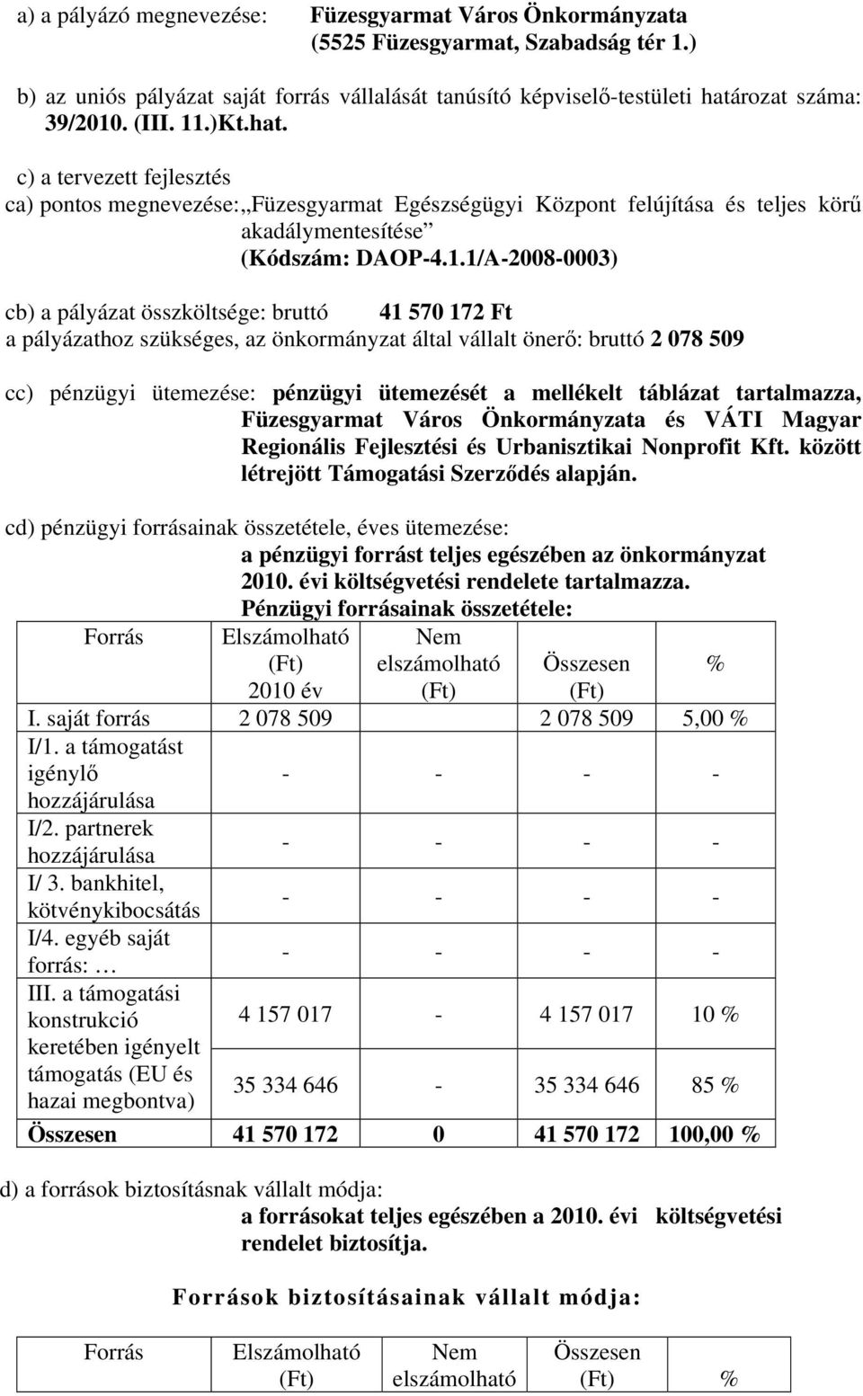 .)Kt.hat. c) a tervezett fejlesztés ca) pontos megnevezése: Füzesgyarmat Egészségügyi Központ felújítása és teljes körű akadálymentesítése (Kódszám: DAOP-4.1.