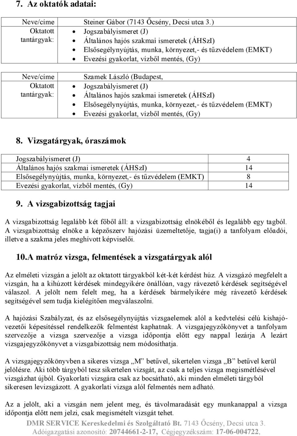 Oktatott tantárgyak: Szamek László (Budapest, Jogszabályismeret (J) Általános hajós szakmai ismeretek (ÁHSzI) Elsősegélynyújtás, munka, környezet,- és tűzvédelem (EMKT) Evezési gyakorlat, vízből