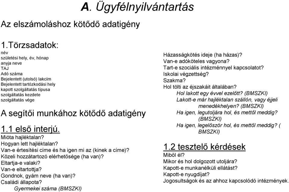 segítői munkához kötődő adatigény 1.1 első interjú. Mióta hajléktalan? Hogyan lett hajléktalan? Van-e értesítési címe és ha igen mi az (kinek a címe)? Közeli hozzátartozó elérhetősége (ha van)?