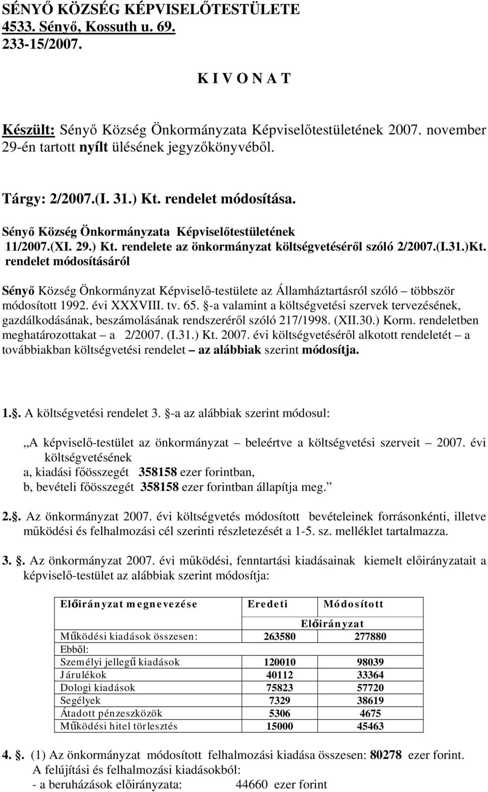 (I.31.)Kt. rendelet módosításáról Sényő Község Önkormányzat Képviselő-testülete az Államháztartásról szóló többször módosított 1992. évi XXXVIII. tv. 65.