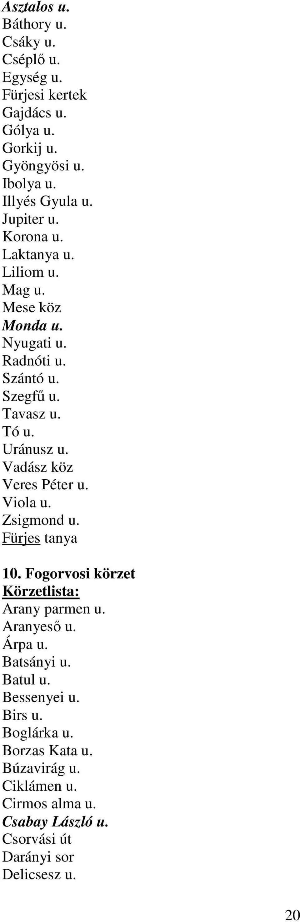 Vadász köz Veres Péter u. Viola u. Zsigmond u. Fürjes tanya 10. Fogorvosi körzet Körzetlista: Arany parmen u. Aranyesı u. Árpa u. Batsányi u.