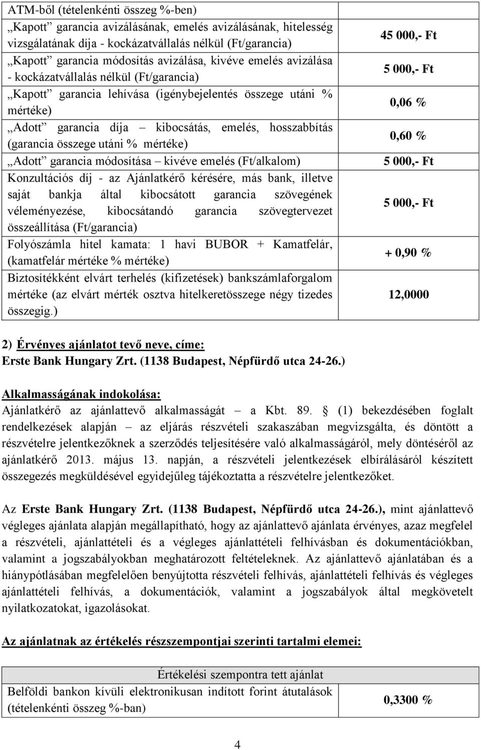 összege utáni % mértéke) Adott garancia módosítása kivéve emelés (Ft/alkalom) Konzultációs díj - az Ajánlatkérő kérésére, más bank, illetve saját bankja által kibocsátott garancia szövegének