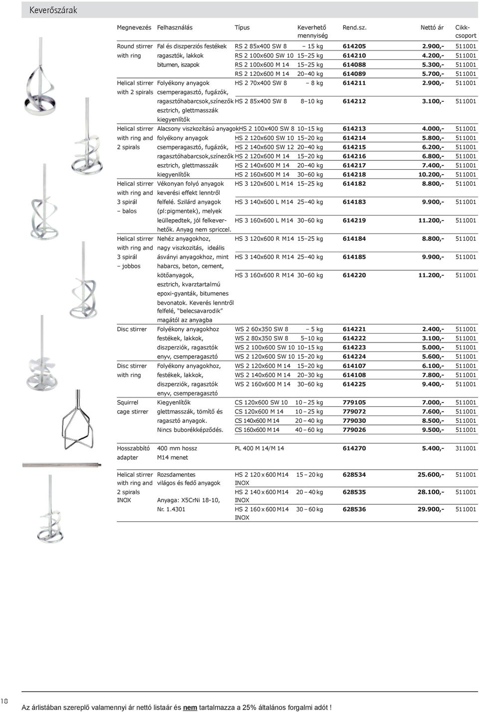 300, 511001 RS 2 120x600 M 14 20 40 kg 614089 614089 5.700, 511001 Helical stirrer Folyékony anyagok HS 2 70x400 SW 8 8 kg 614211 614211 2.