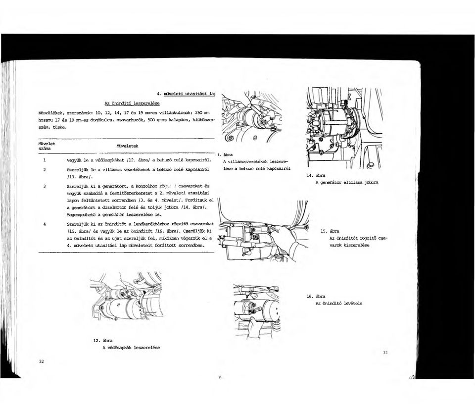 .; j csavarokat és tegyük szabaddá a feszitsszerkezetet a 2. műveleti utasitási lapon feltüntetett sorrendben /3. és 4. rrüvelet/. Forditsuk el a generátort a dízelmotor felé és toljuk jcfobra /14.