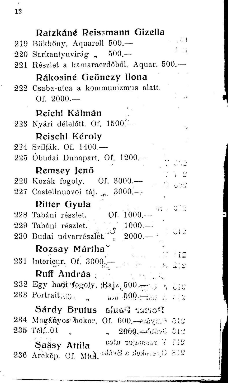 227 Castellnuovoi táj. 3000. Ritíer Gyula 228 Tabáni részlet. Of. 1000. 229 Tabáni részlet. 1000. 230 Budai udvarrészlet.2000. - Rozsay Máríha 231 Interieur. Of. 3000. Ruíf András 232 Egy hadi fogoly.