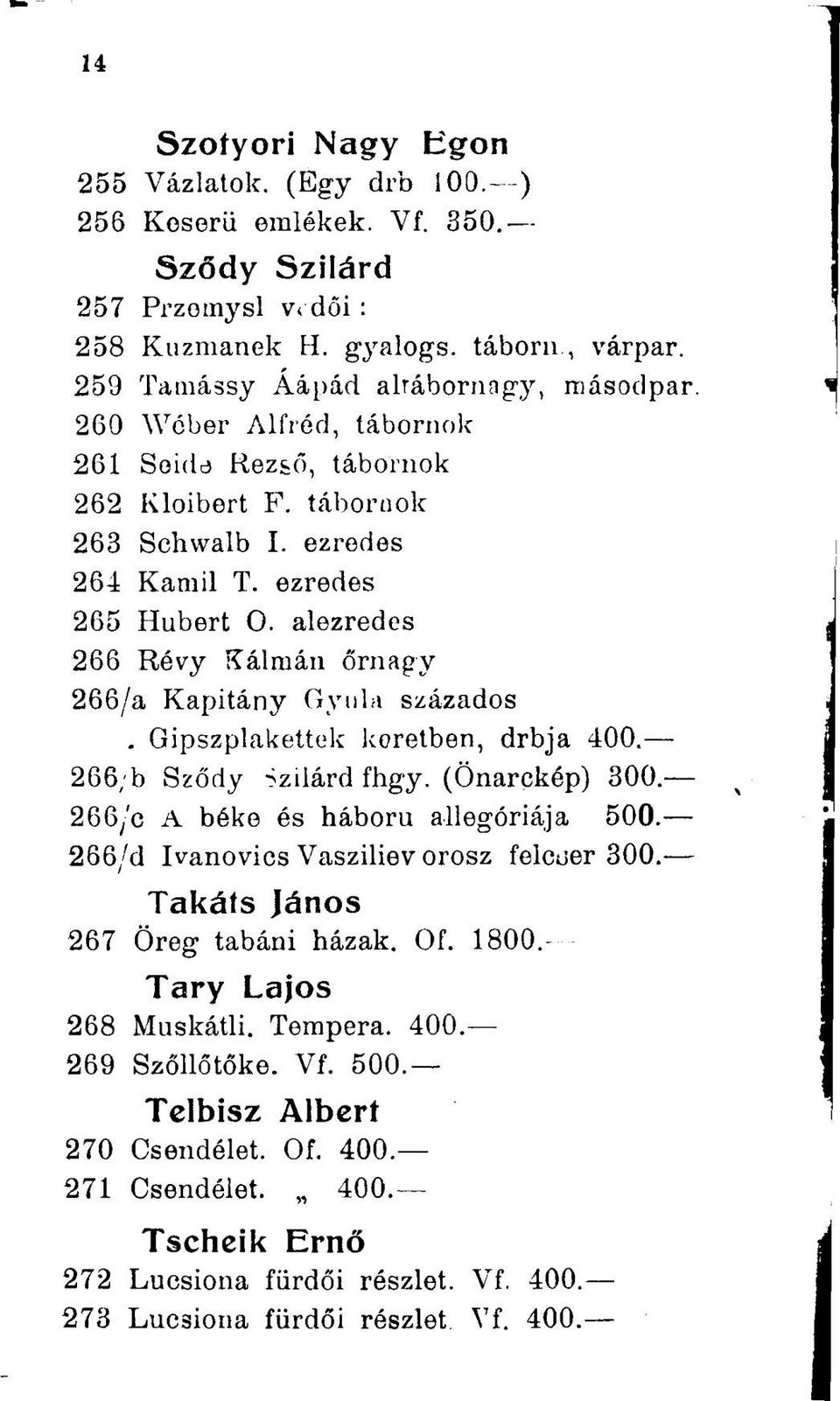 Gipszplakettek köretben, drbja 400. 266;b Sződy Szilárd fhgy. (Önarckép) 300. 266/c A béke és háború allegóriája 500. 266/d Ivanovics Vasziliev orosz felcser 300. Takáís János 267 Öreg tabáni házak.