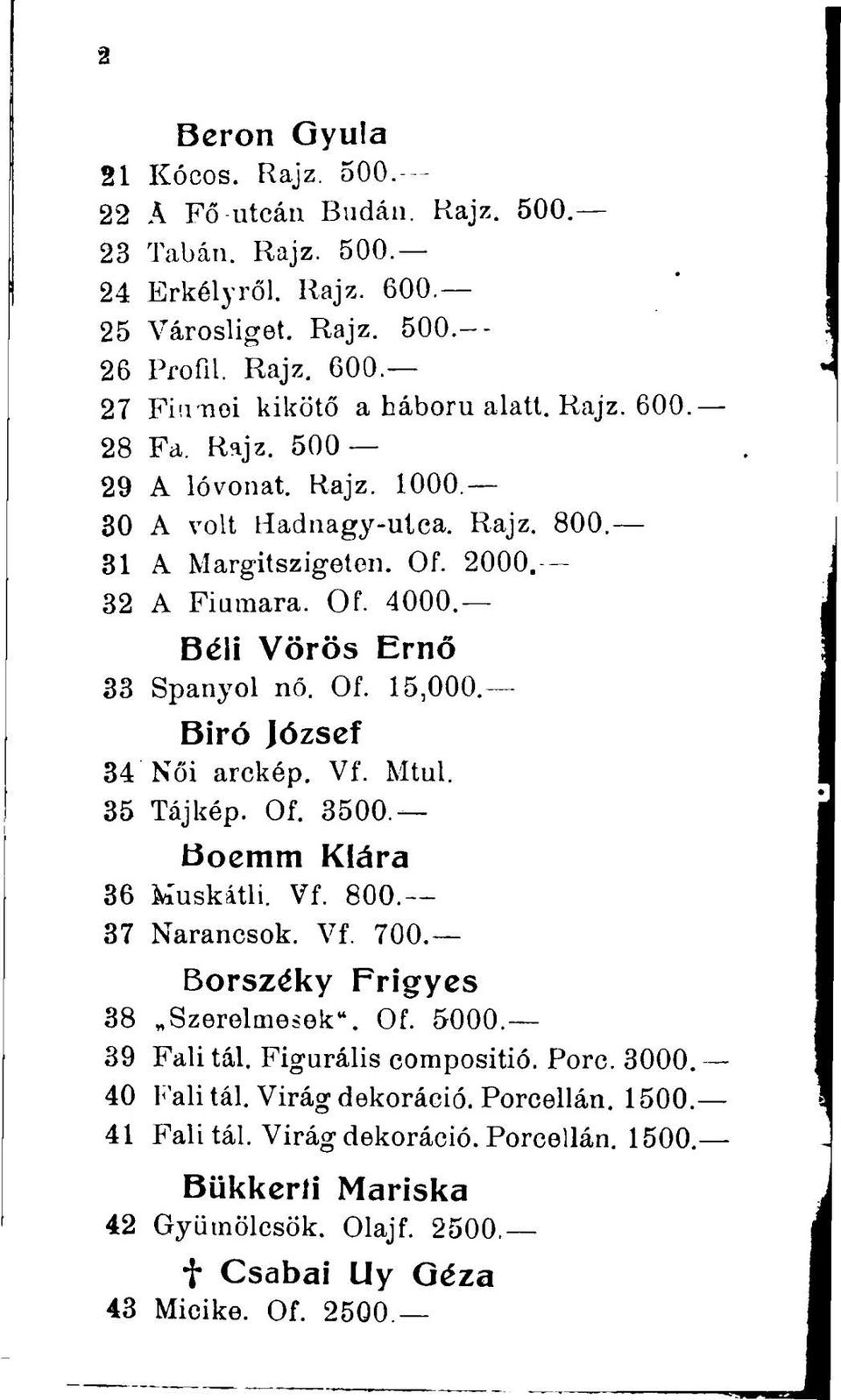 Biró József 34 Női arckép. Vf. Mtul. 35 Tájkép. Of. 3500. Bocmm Klára 36 Muskátli. Vf. 800. 37 Narancsok. Vf. 700. Borszéky Frigyes 38 Szerelmesek". Of. 5000. 39 Fali tál.