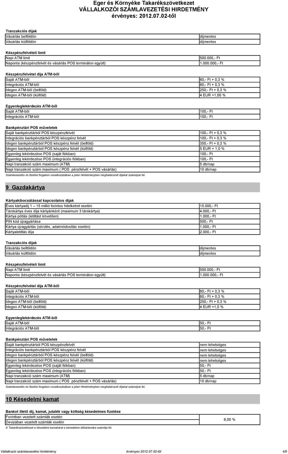 000,- Ft Készpénzfelvétel díja ATM-ből Saját ATM-ből 60,- Ft + 0,3 % Integrációs ATM-ből 60,- Ft + 0,3 % Idegen ATM-ből (belföld) 2 + 0,3 % Idegen ATM-ből (külföld) 4 EUR +1,00 % Egyenleglekérdezés