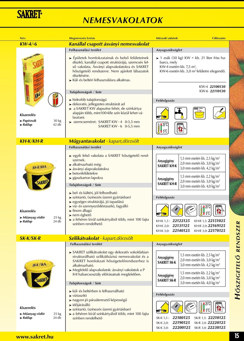 21 liter friss habarcs, mely KW-4 esetén kb. 7,5 m 2, KW-6 esetén kb. 3,0 m 2 felületre elegendő.