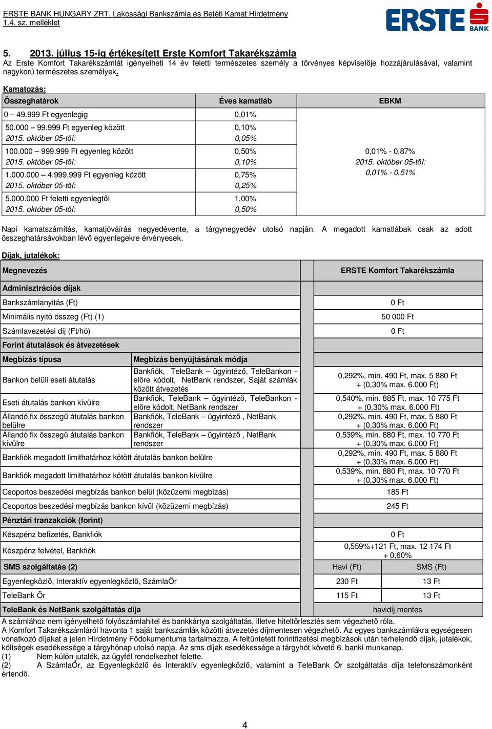 természetes személyek. Kamatozás: Összeghatárok Éves kamatláb 0 49.999 Ft egyenlegig 0,01% 50.000 99.999 Ft egyenleg között 100.000 999.999 Ft egyenleg között 1.000.000 4.999.999 Ft egyenleg között 5.