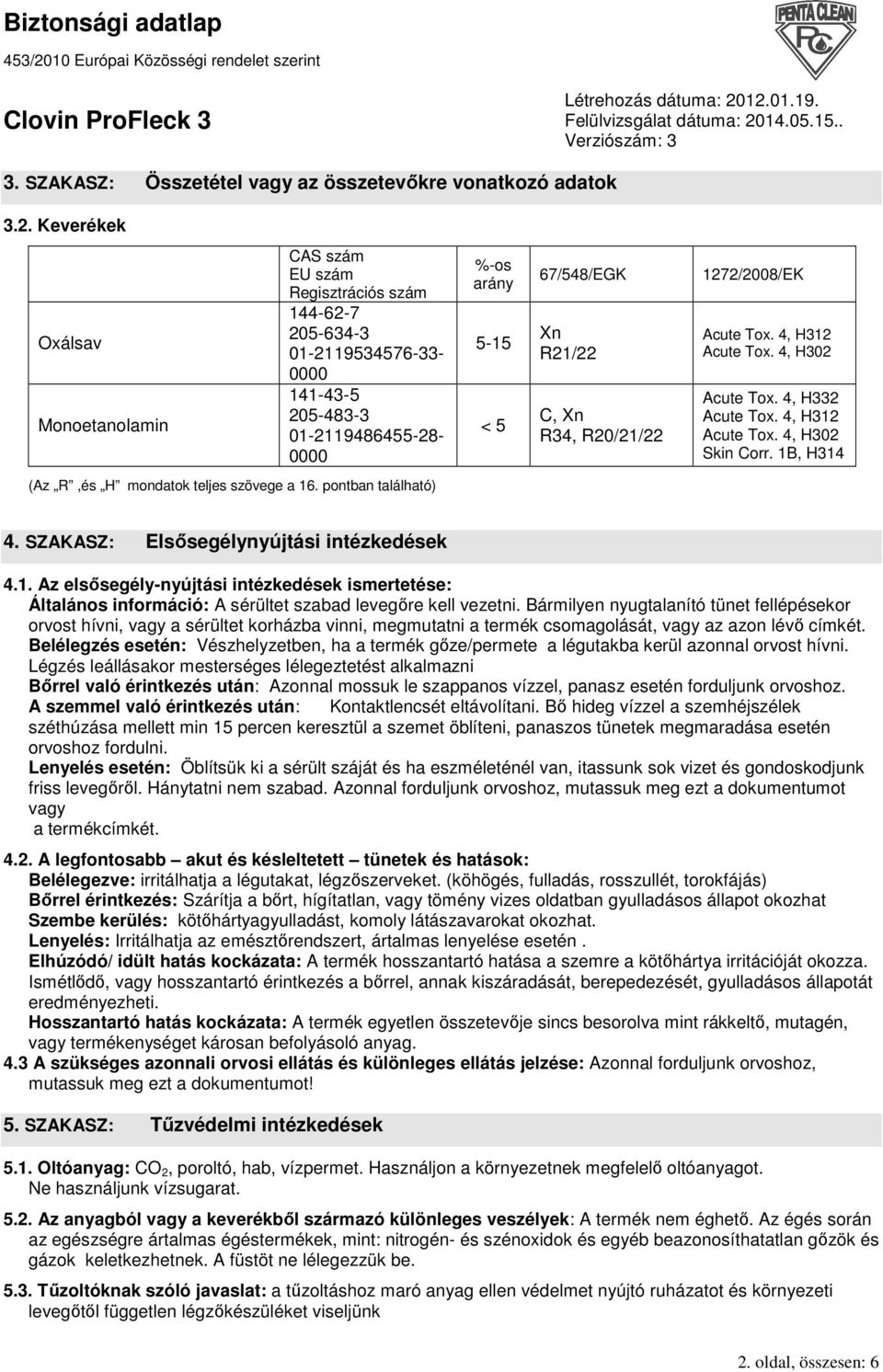 R34, R20/21/22 1272/2008/EK Acute Tox. 4, H312 Acute Tox. 4, H302 Acute Tox. 4, H332 Acute Tox. 4, H312 Acute Tox. 4, H302 Skin Corr. 1B, H314 (Az R,és H mondatok teljes szövege a 16.