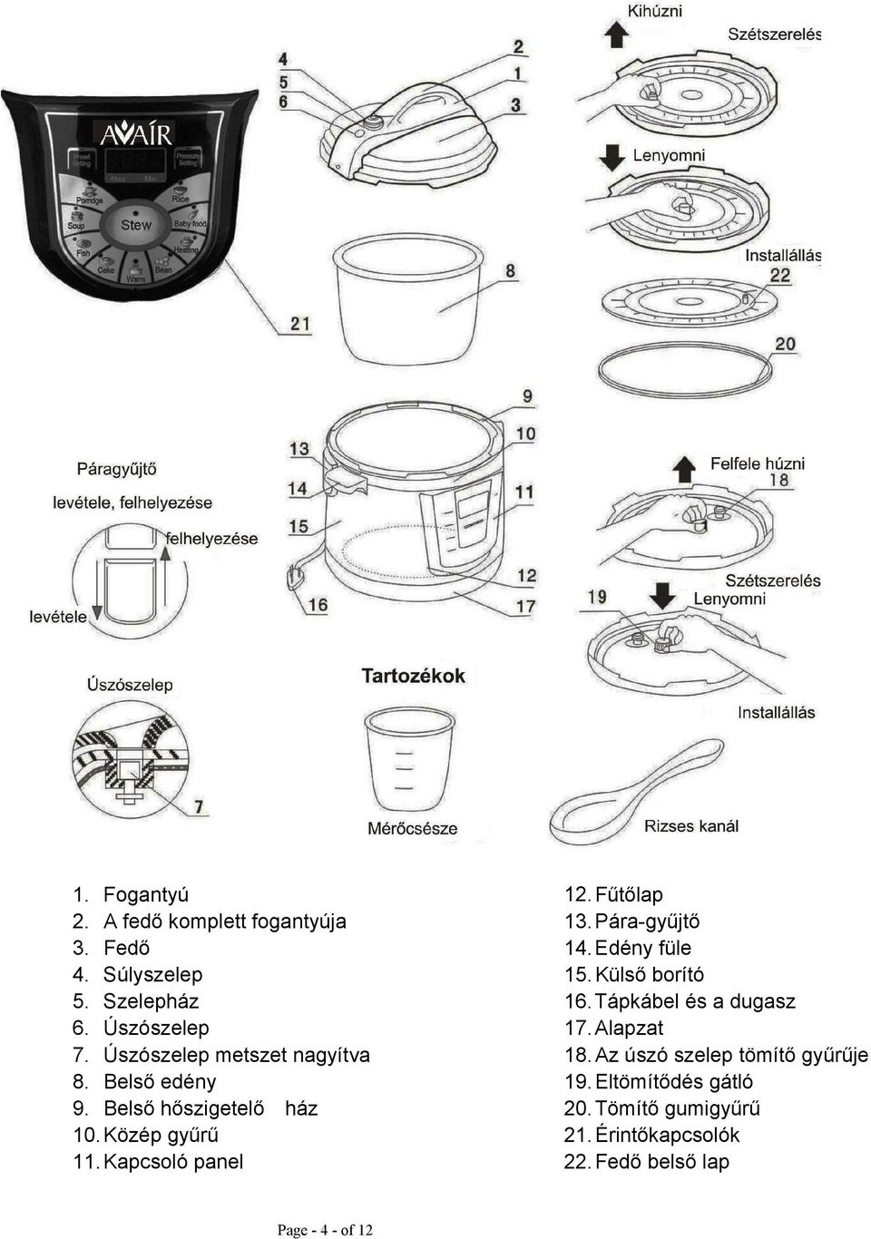 Fűtőlap 13. Pára-gyűjtő 14. Edény füle 15. Külső borító 16.Tápkábel és a dugasz 17. Alapzat 18.