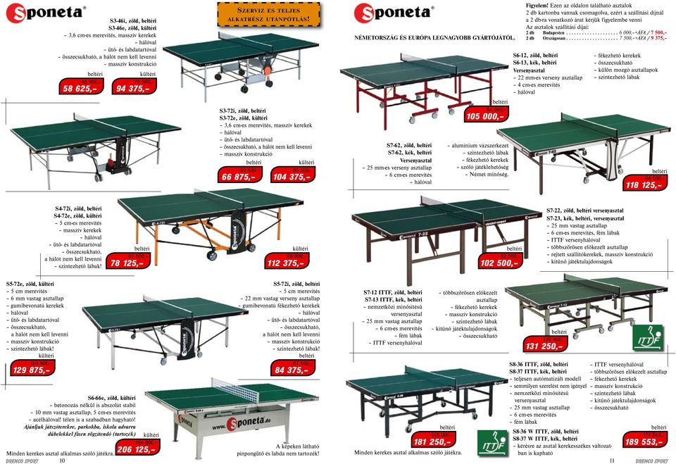 S3-72i, zöld, beltéri S3-72e, zöld, kültéri 3,6 cm-es merevítés, masszív kerekek hálóval ütő- és labdatartóval összecsukható, a hálót nem kell levenni masszív konstrukció beltéri 53 500, 66 875,