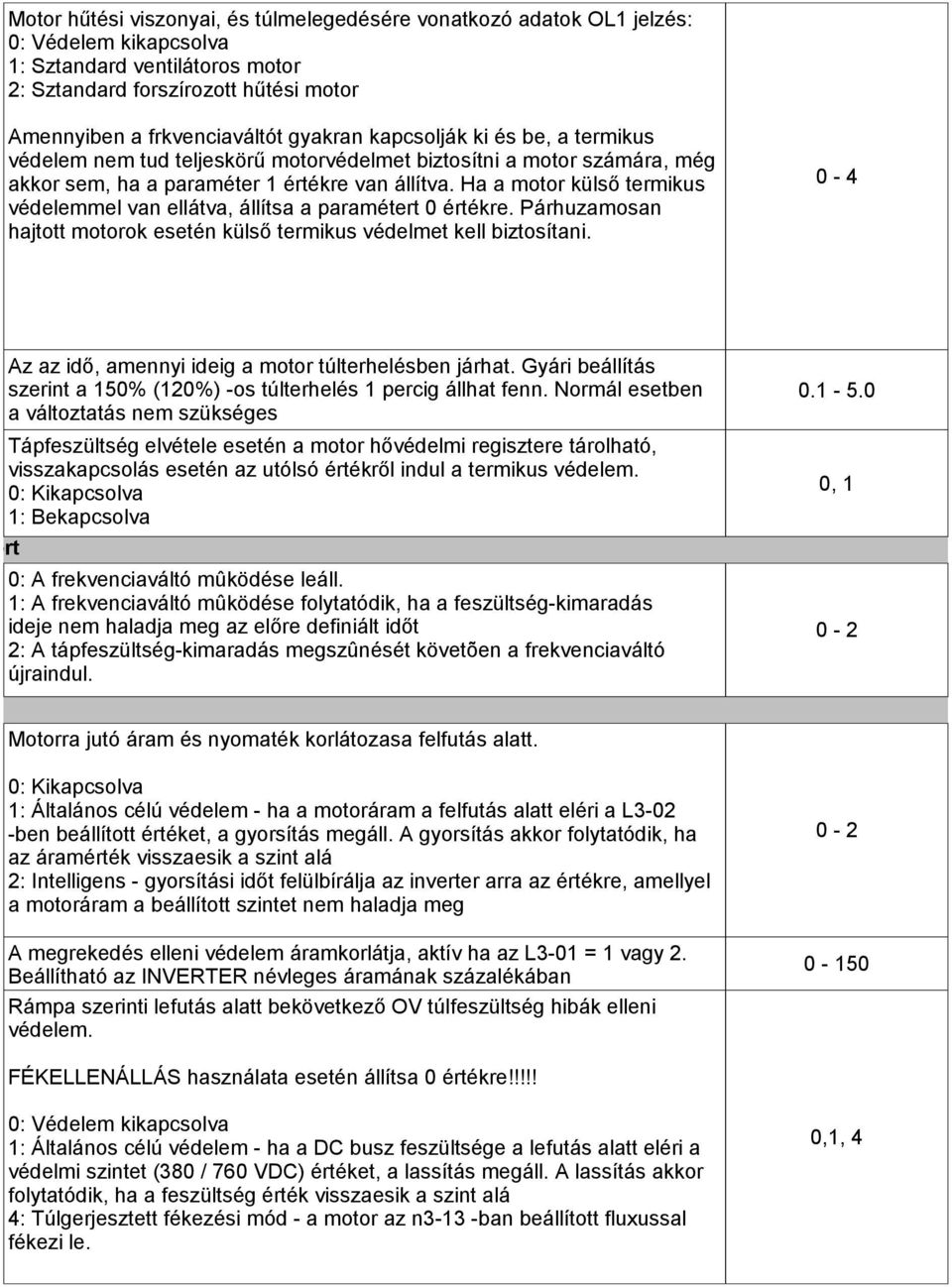 Ha a motor külső termikus védelemmel van ellátva, állítsa a paramétert 0 értékre. Párhuzamosan hajtott motorok esetén külső termikus védelmet kell biztosítani.