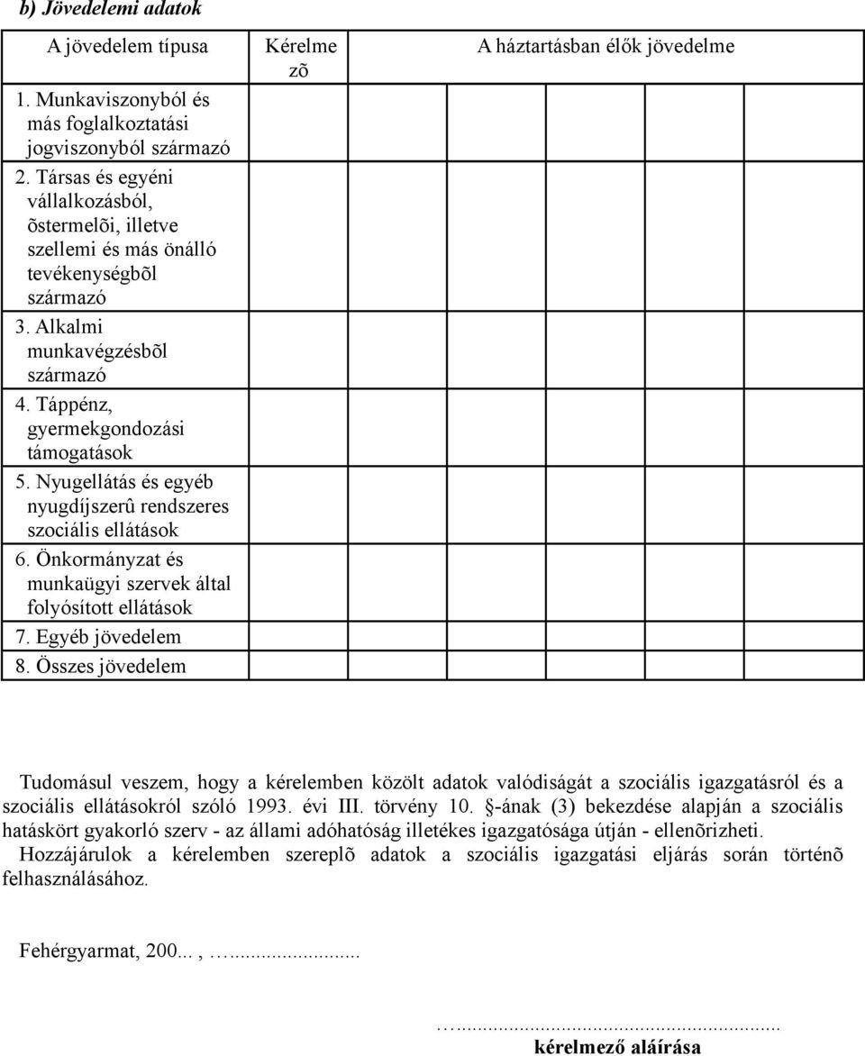 Nyugellátás és egyéb nyugdíjszerû rendszeres szociális ellátások 6. Önkormányzat és munkaügyi szervek által folyósított ellátások 7. Egyéb jövedelem 8.