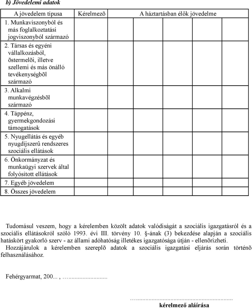 Nyugellátás és egyéb nyugdíjszerû rendszeres szociális ellátások 6. Önkormányzat és munkaügyi szervek által folyósított ellátások 7. Egyéb jövedelem 8.