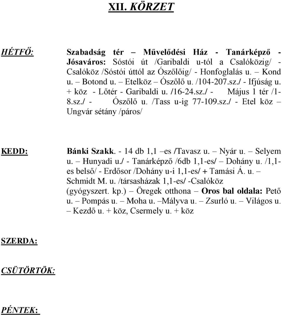 - 14 db 1,1 es /Tavasz u. Nyár u. Selyem u. Hunyadi u./ - Tanárképző /6db 1,1-es/ Dohány u. /1,1- es belső/ - Erdősor /Dohány u-i 1,1-es/ + Tamási Á. u. Schmidt M. u. /társasházak 1,1-es/ -Csalóköz (gyógyszert.