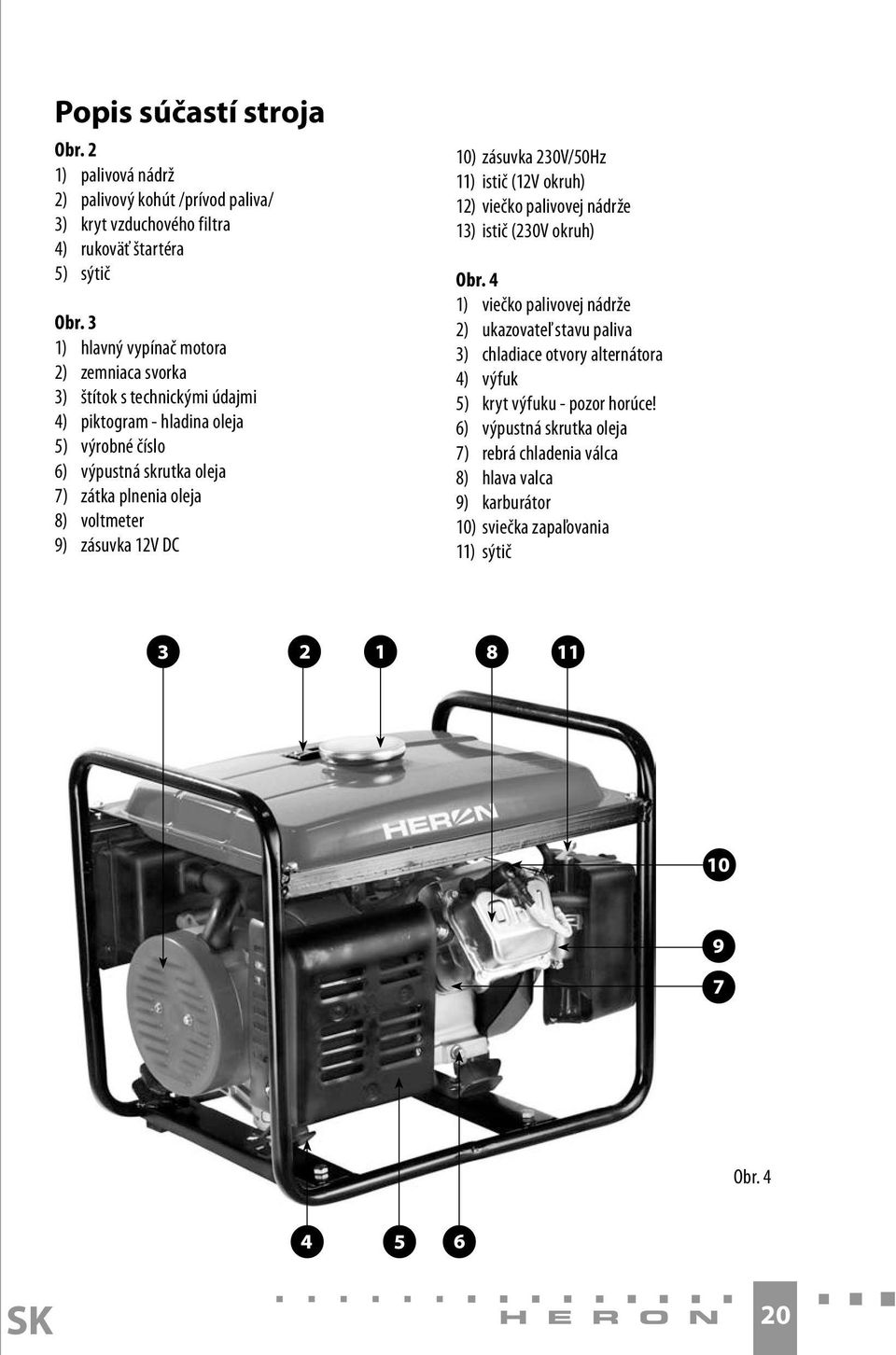 voltmeter 9) zásuvka 12V DC 10) zásuvka 230V/50Hz 11) istič (12V okruh) 12) viečko palivovej nádrže 13) istič (230V okruh) Obr.