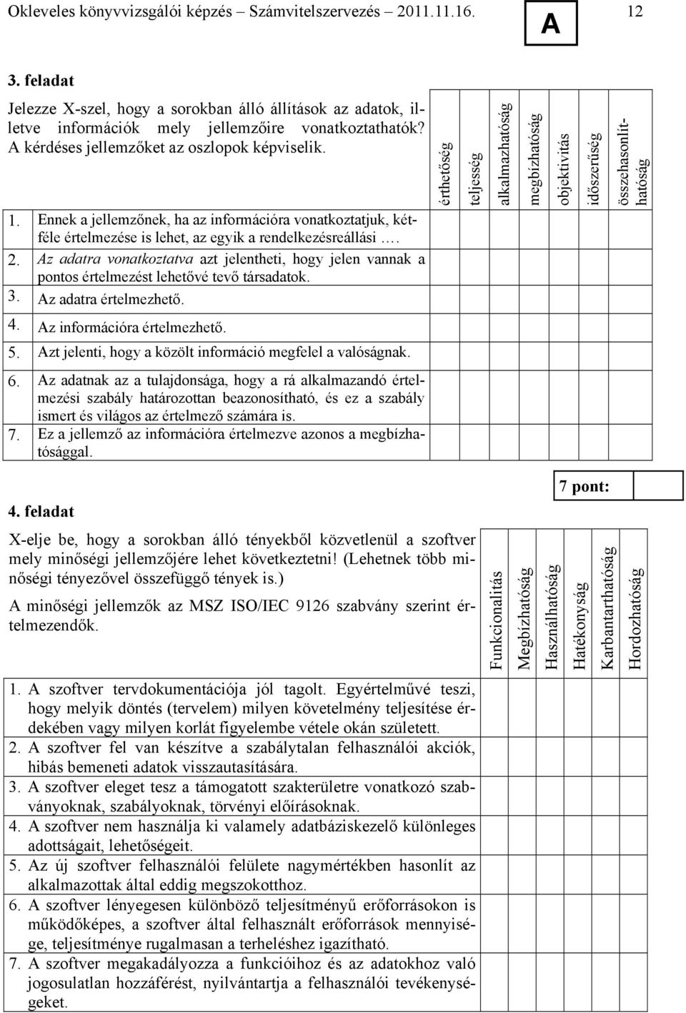 z adatra vonatkoztatva azt jelentheti, hogy jelen vannak a pontos értelmezést lehetővé tevő társadatok. 3. z adatra értelmezhető. 4. z információra értelmezhető. K 5.