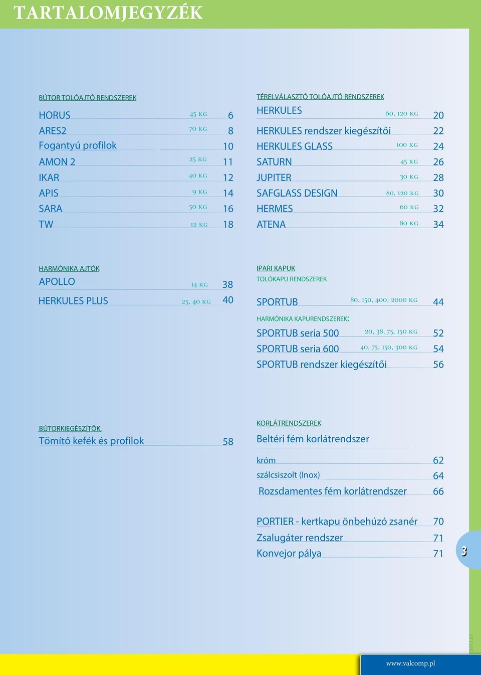 14 kg 38 HERKULES PLUS 25, 40 kg 40 IPARI KAPUK TOLÓKAPU RENDSZEREK SPORTUB 80, 150, 400, 2000 kg 44 HARMÓNIKA KAPURENDSZEREK: SPORTUB seria 500 20, 38, 75, 150 kg 52 SPORTUB seria 600 40, 75, 150,