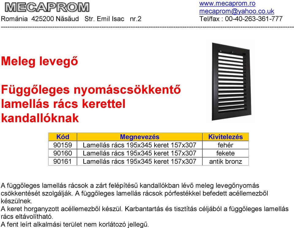 kandallókban lévő meleg levegőnyomás csökkentését szolgálják. A függőleges lamellás rácsok pórfestékkel befedett acéllemezből készülnek.