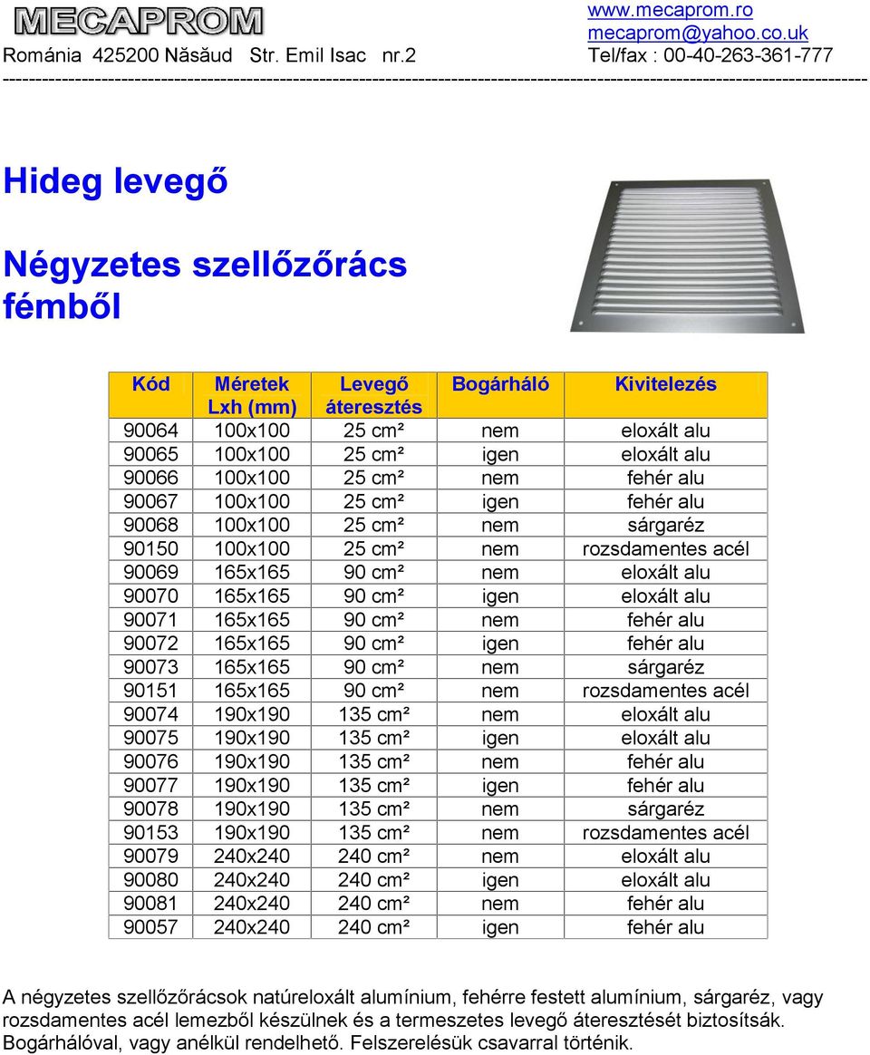 alu 90071 165x165 90 cm² nem fehér alu 90072 165x165 90 cm² igen fehér alu 90073 165x165 90 cm² nem sárgaréz 90151 165x165 90 cm² nem rozsdamentes acél 90074 190x190 135 cm² nem eloxált alu 90075