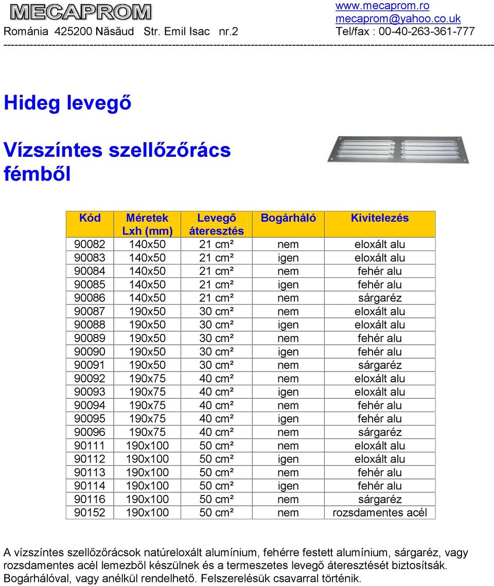 190x50 30 cm² igen fehér alu 90091 190x50 30 cm² nem sárgaréz 90092 190x75 40 cm² nem eloxált alu 90093 190x75 40 cm² igen eloxált alu 90094 190x75 40 cm² nem fehér alu 90095 190x75 40 cm² igen fehér