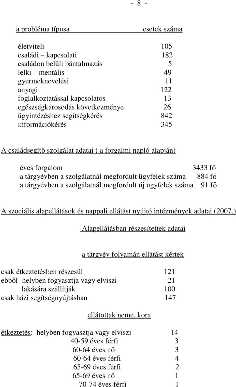 megfordult ügyfelek száma 884 fı a tárgyévben a szolgálatnál megfordult új ügyfelek száma 91 fı A szociális alapellátások és nappali ellátást nyújtó intézmények adatai (2007.
