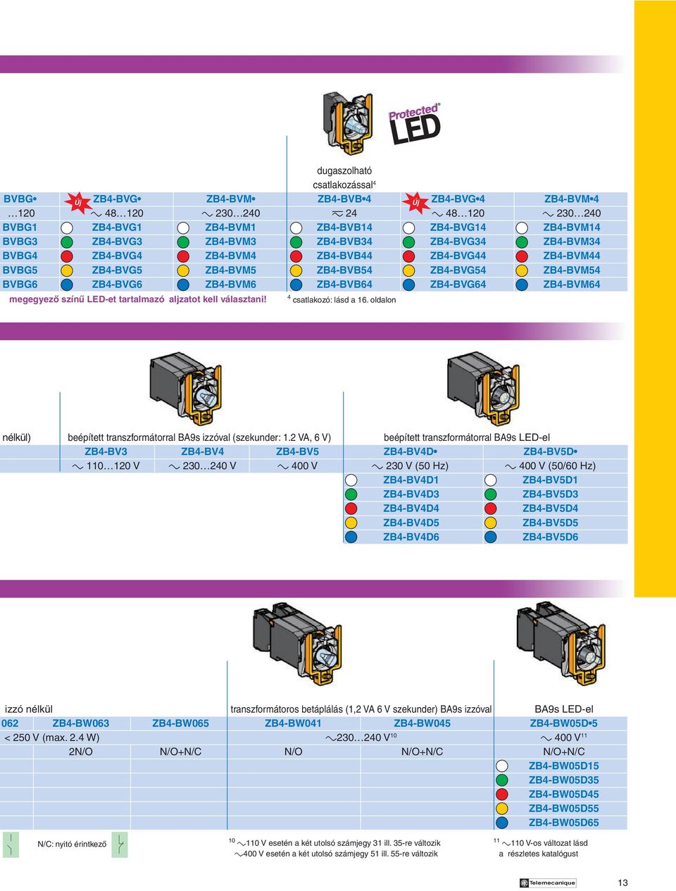ZB4-BVM64 megegyezô színû LED-et tartalmazó aljzatot kell választani! 4 csatlakozó: lásd a 16. oldalon nélkül) beépített transzformátorral BA9s izzóval (szekunder: 1.