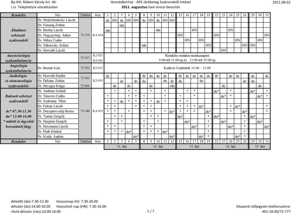 Bernát Iván 71-522 K2 032 Kedd és Csütörtök 11.00 13.00 Audiológia Dr. Horváth Emília du 71-301 és otoneurológia Dr. Dékány Zoltán K2 039 du du du du du szakrenlés Dr. Süveges Kinga 71-666 rdu Dr.