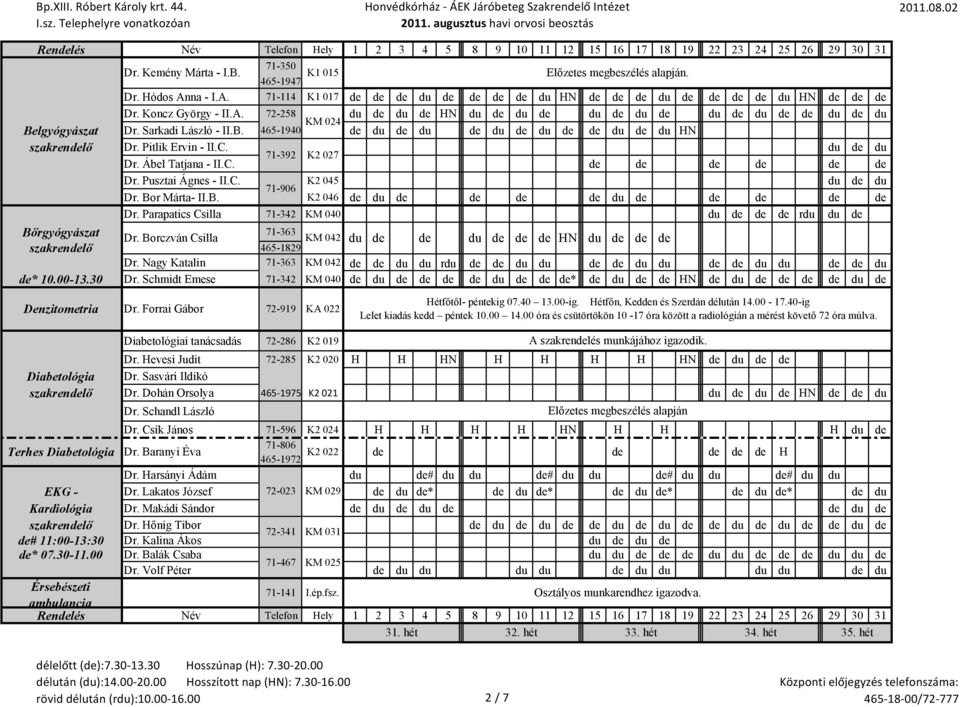 Parapatics Csilla 71-342 KM 040 du rdu du Bőrgyógyászat 71-363 Dr. Borczván Csilla KM 042 szakrenlő 465-1829 du du HN du Dr. Nagy Katalin 71-363 KM 042 du du rdu du du du du du du du * 10.00-13.30 Dr.