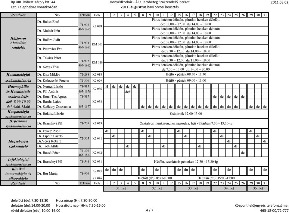 Takács Péter 71-902 : 7.30 12.00 du:15.00 19.00 KM 019 465-1862 Páros heteken délelőtt, páratlan heteken délután Dr. Novák Éva :7.30 13.00 du:14.00 20.00 Haematológiai Dr.
