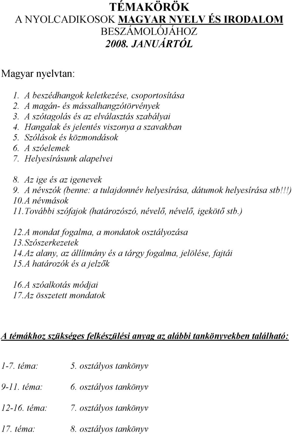 A névszók (benne: a tulajdonnév helyesírása, dátumok helyesírása stb!!!) 10. A névmások 11. További szófajok (határozószó, névelő, névelő, igekötő stb.) 12.