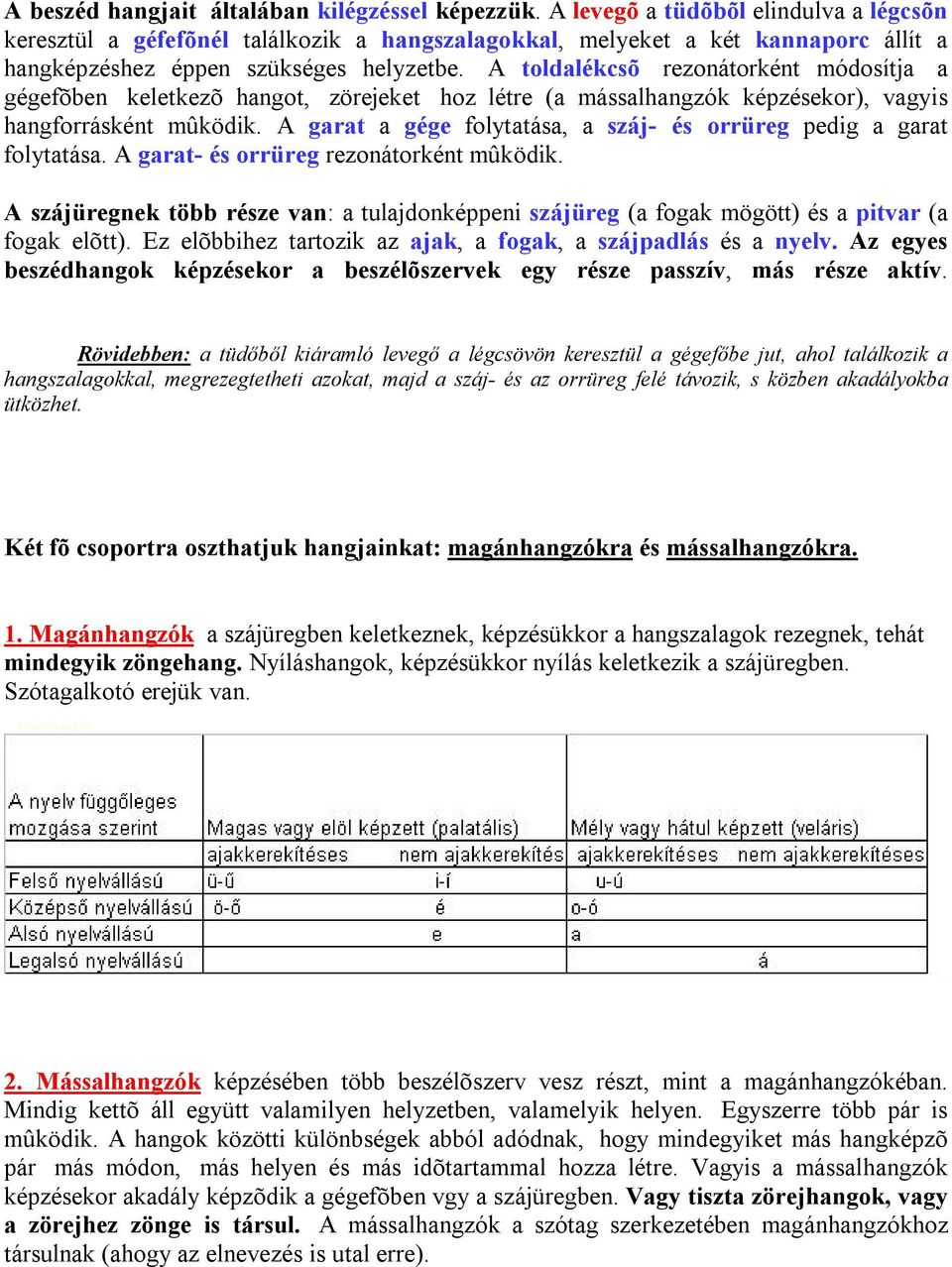 A toldalékcsõ rezonátorként módosítja a gégefõben keletkezõ hangot, zörejeket hoz létre (a mássalhangzók képzésekor), vagyis hangforrásként mûködik.