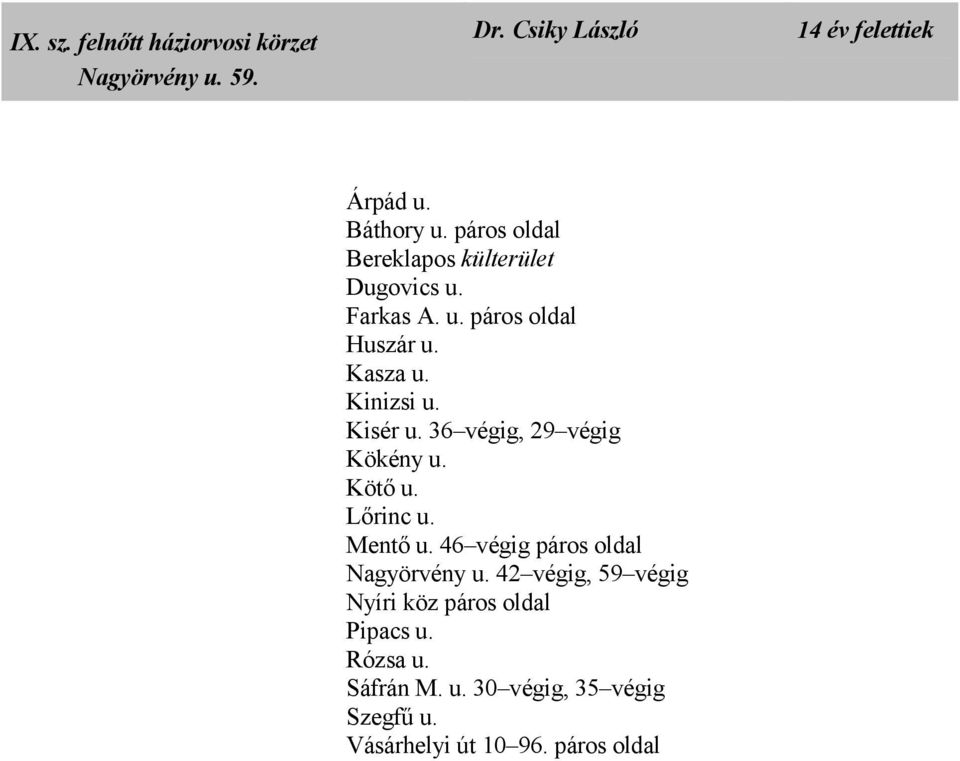 36 végig, 29 végig Kökény u. Kötı u. Lırinc u. Mentı u. 46 végig páros oldal Nagyörvény u.