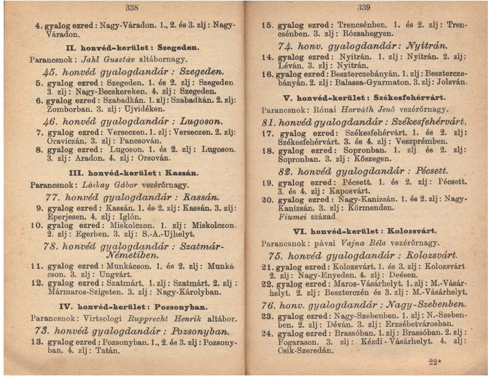 gyalog ezred: Verseczen. 1. zlj : Verseczen. 2. zlj: Oraviczán. 3. zlj: Pancsován. 8. gyalog ezred: Lugoson. 1. és 2. zlj: Lugoson. 3. zlj: Aradon. 4. zlj: Orsován. III. honvéd-kerület: Kassán.
