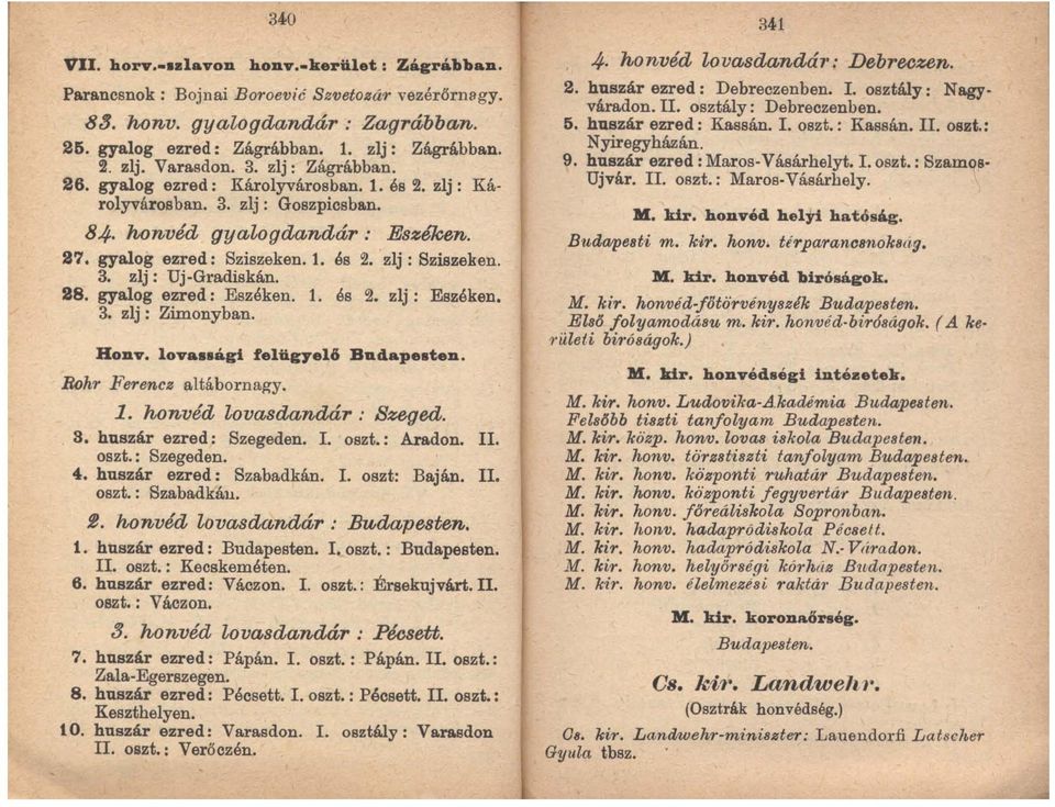28. gyalog ezred: Eszéken. 1. és 2. zlj: Eszéken. 3. zlj: Zimonyban. Honv. lovaaaági felügyelés Budapeaten. Bohr Ferencz altábornagy. 1. honvéd lovas dandár : Szeged. S. huszár ezred: Szegeden. I.