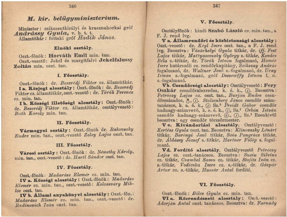 államtitkár, oszt.-vezető: dr. Török Fere'llcz ez. min. tan. I b. Kö.. égi illet6ségi alosztály: OsztAőnök: dr. Bezerédj Viktor cz. államtitkár, osztályvezető: B Hth Károly min. tan. II. F6osstály.
