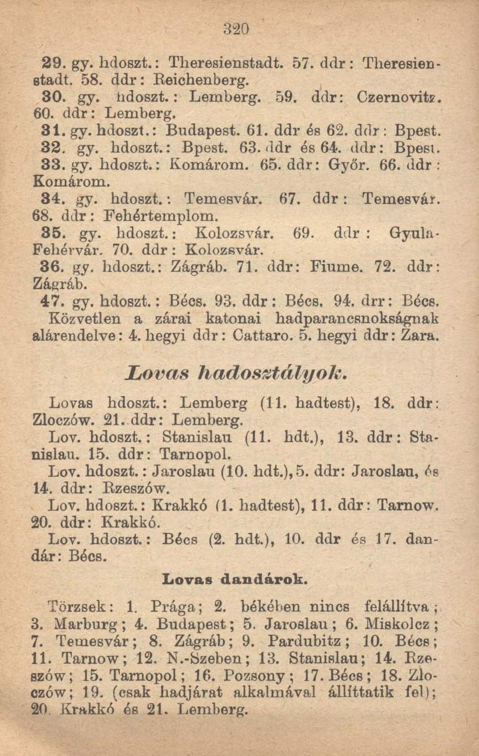gy. hdoszt.: KoloZSVRI'. 69. ddr: Gyula. Fehérvár. 70. ddr: Kolozsvár. 36. gy. hdoszt.: Zágráb. 71. ddr: Fiume. 72. ddr: Zágráb. 47. gy. hdoszt.: Bécs. 93. ddr: Bécs. 94. drr: Bécs.