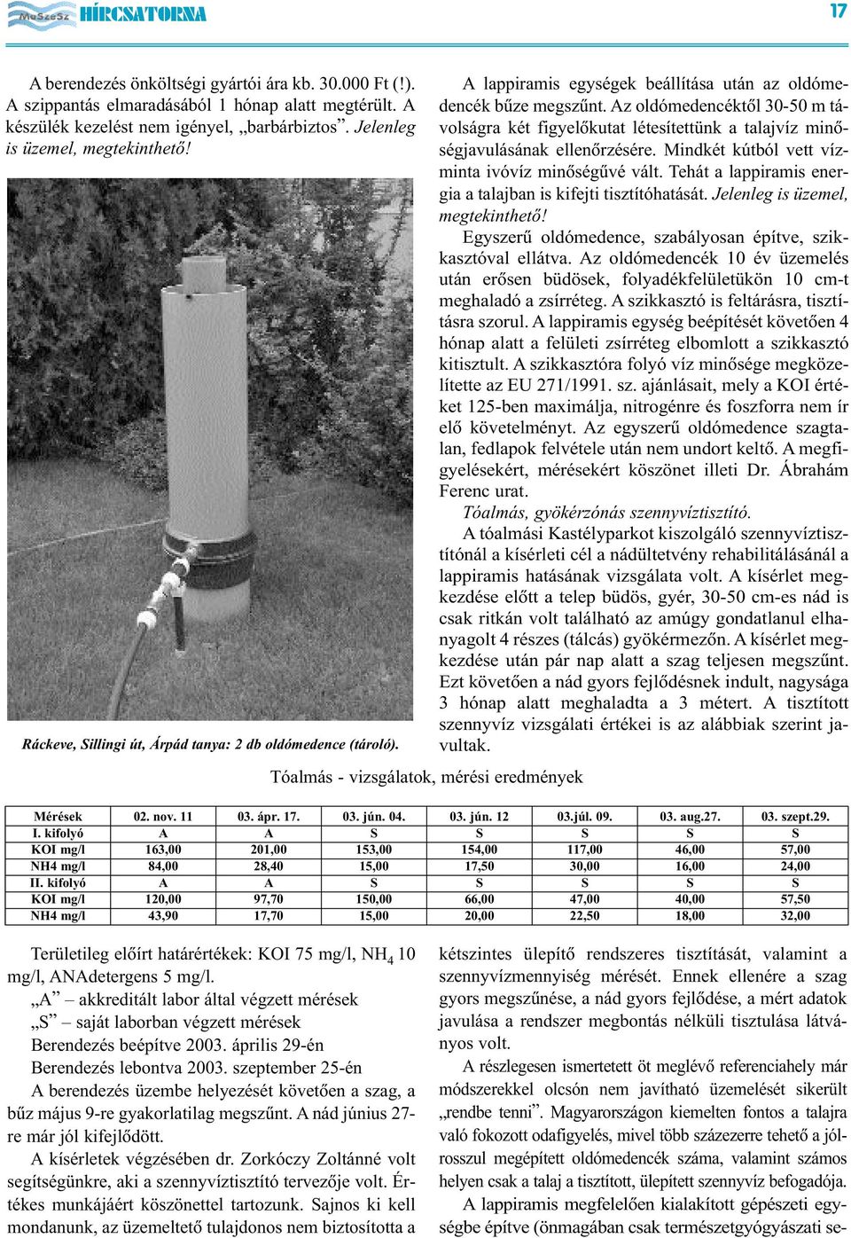 Tóalmás - vizsgálatok, mérési eredmények A lappiramis egységek beállítása után az oldómedencék bûze megszûnt.