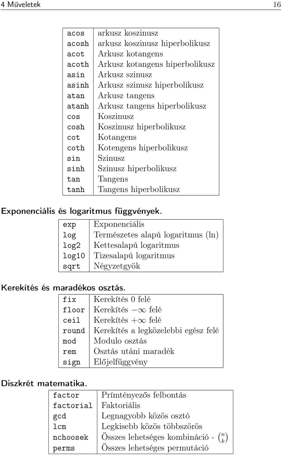 hiperbolikusz Exponenciális és logaritmus függvények.