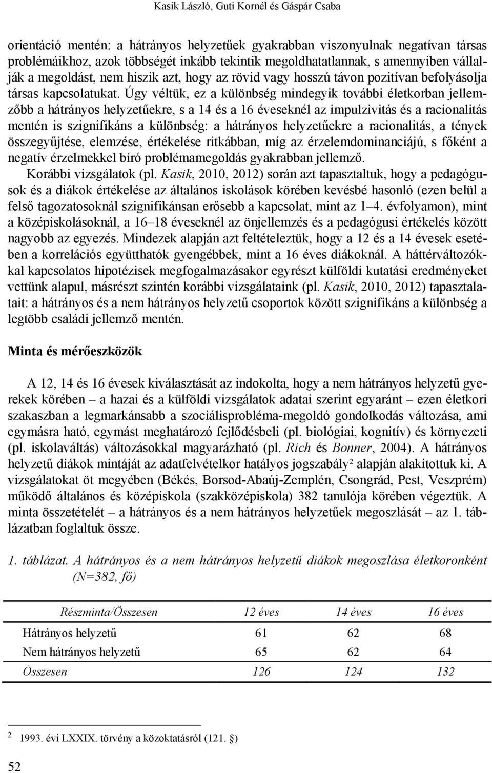 Úgy véltük, ez a különbség mindegyik további életkorban jellemzőbb a hátrányos helyzetűekre, s a 14 és a 16 éveseknél az impulzivitás és a racionalitás mentén is szignifikáns a különbség: a hátrányos