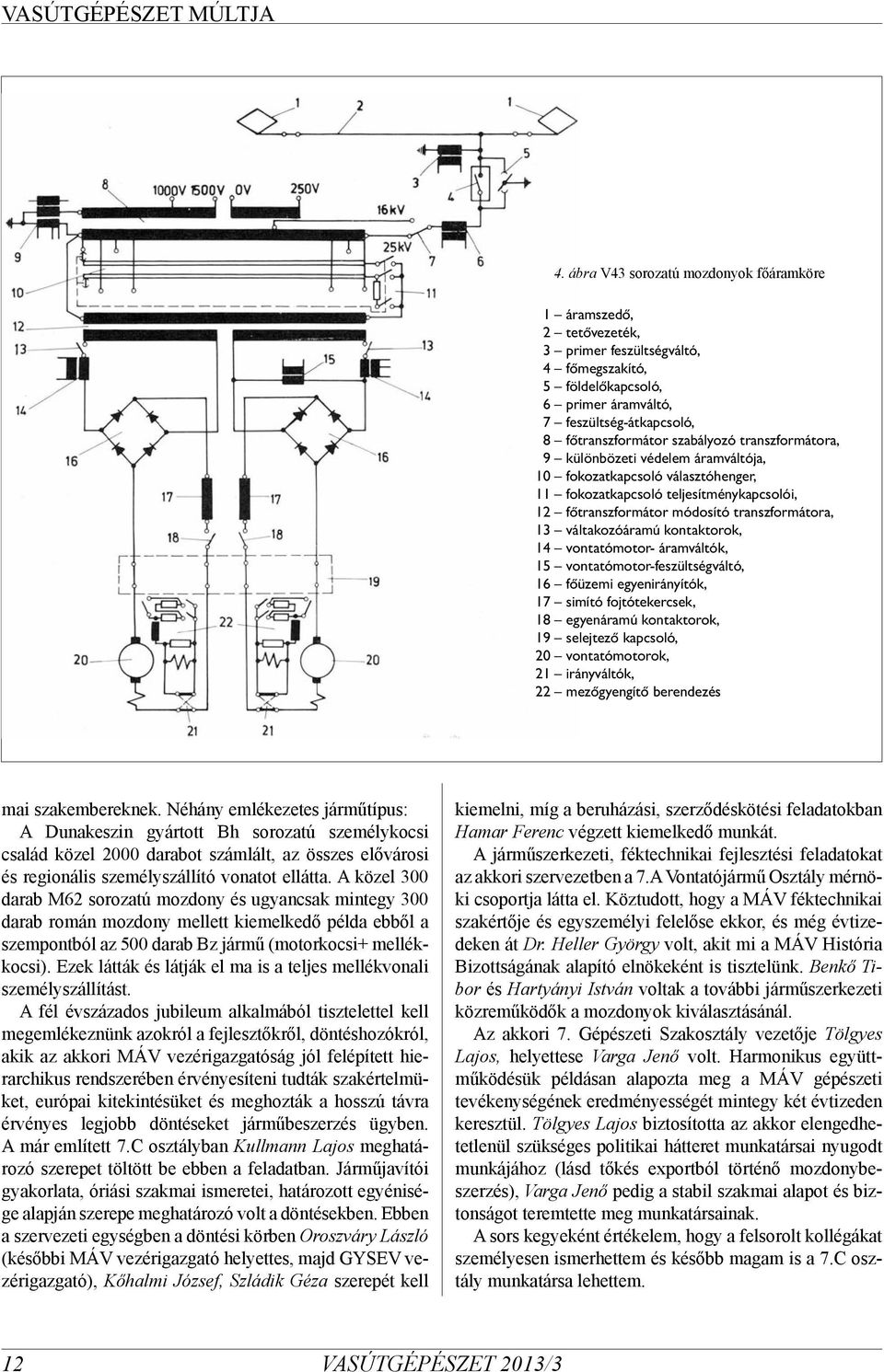 transzformátora, 13 váltakozóáramú kontaktorok, 14 vontatómotor- áramváltók, 15 vontatómotor-feszültségváltó, 16 főüzemi egyenirányítók, 17 simító fojtótekercsek, 18 egyenáramú kontaktorok, 19