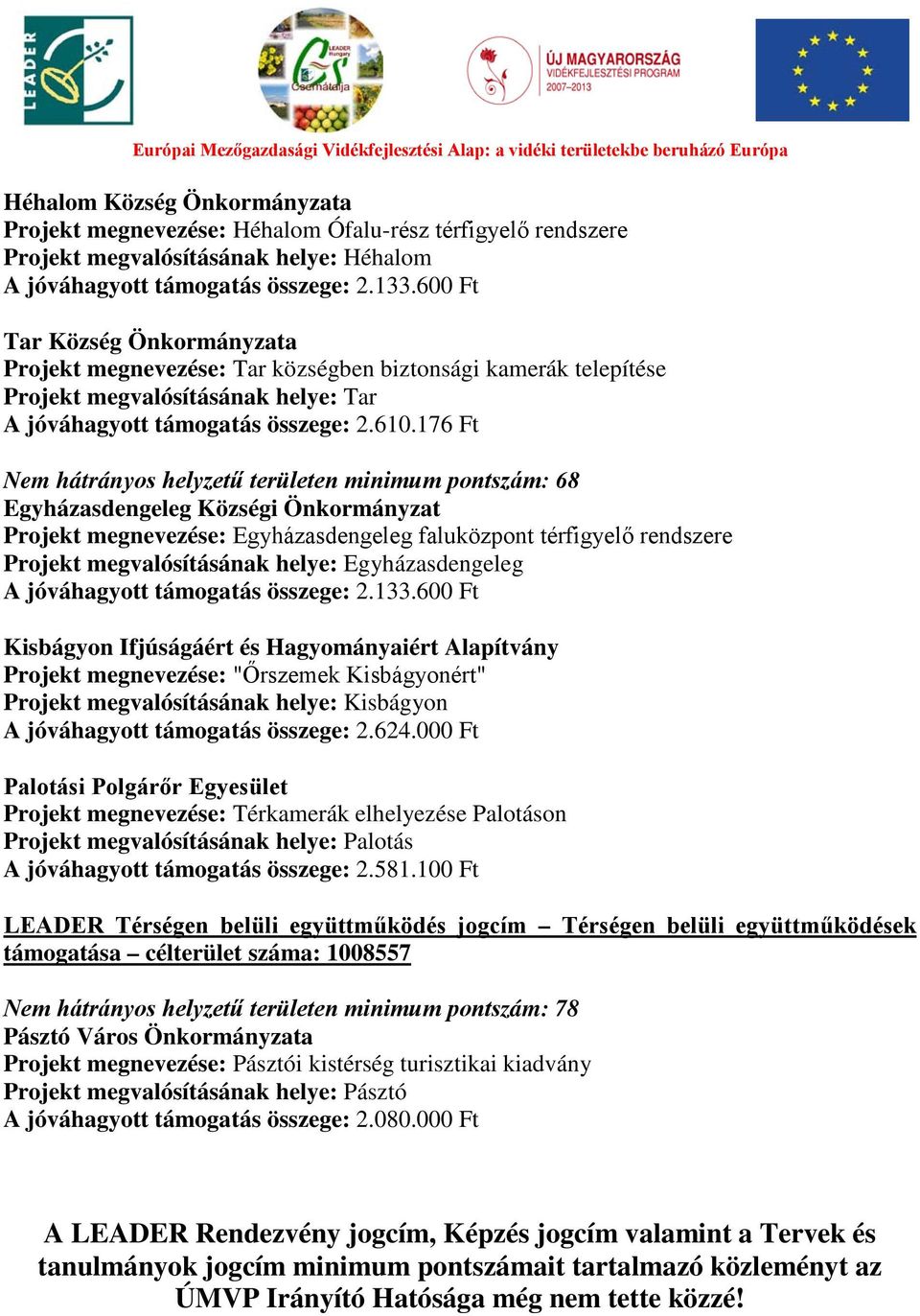 176 Ft Nem hátrányos helyzetű területen minimum pontszám: 68 Egyházasdengeleg Községi Önkormányzat Projekt megnevezése: Egyházasdengeleg faluközpont térfigyelő rendszere Projekt megvalósításának