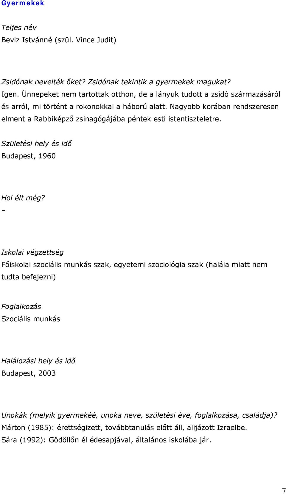 Nagyobb korában rendszeresen elment a Rabbiképző zsinagógájába péntek esti istentiszteletre. Születési hely és idő Budapest, 1960 Hol élt még?