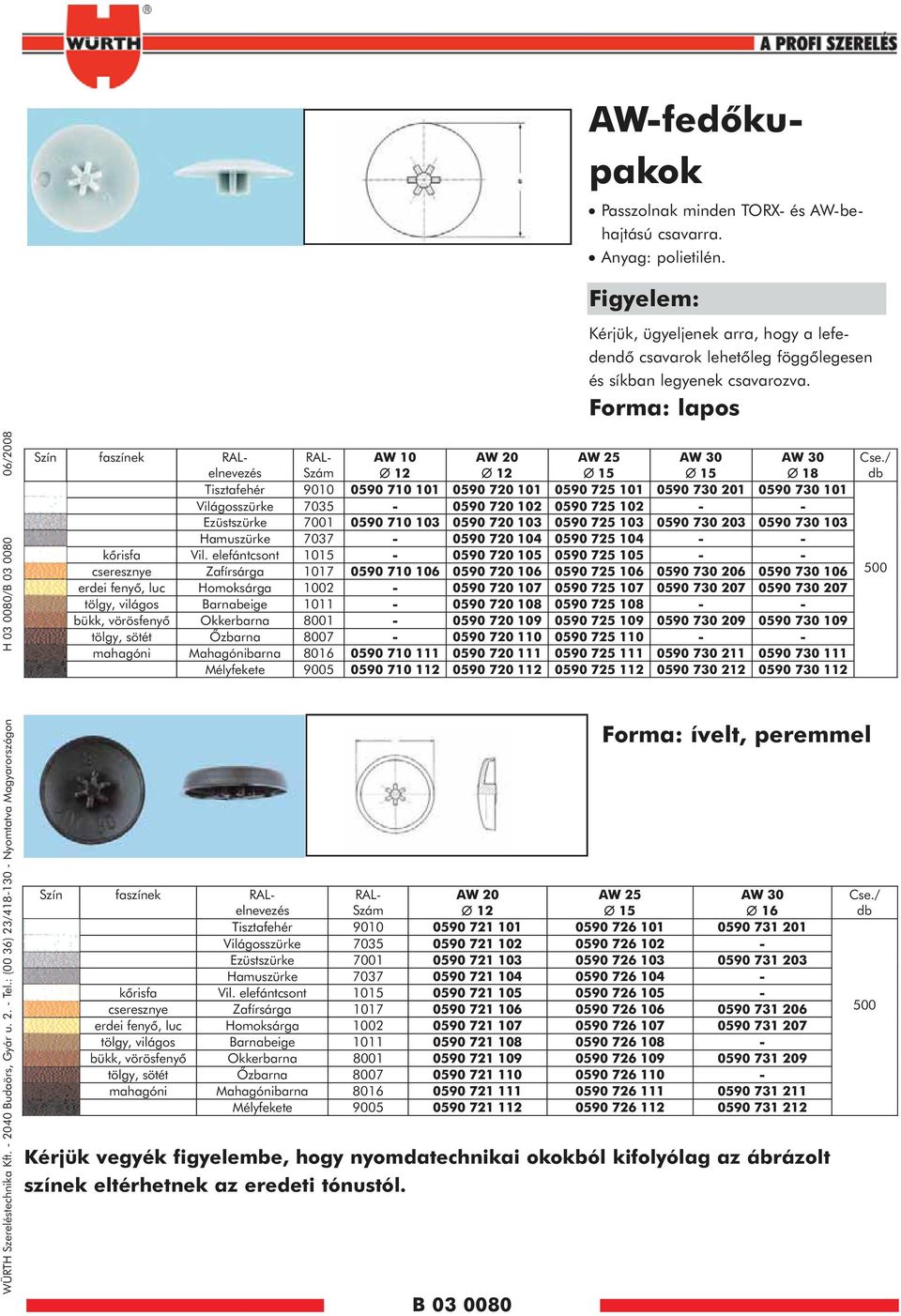 : (00 36) 23/418130 Nyomtatva Magyarországon H 03 0080/B 03 0080 06/2008 Szín faszínek RALelnevezés RAL Szám AW 10 12 AW 20 12 AW 25 15 AW 30 15 AW 30 18 Tisztafehér 9010 0590 710 101 0590 720 101