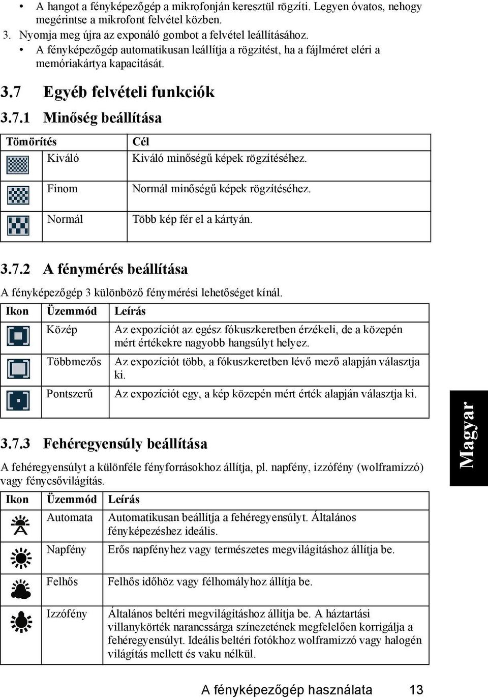 Normál minőségű képek rögzítéséhez. Több kép fér el a kártyán. 3.7.2 A fénymérés beállítása A fényképezőgép 3 különböző fénymérési lehetőséget kínál. Ikon Üzemmód Leírás Közép Többmezős Pontszerű 3.7.3 Fehéregyensúly beállítása Az expozíciót az egész fókuszkeretben érzékeli, de a közepén mért értékekre nagyobb hangsúlyt helyez.