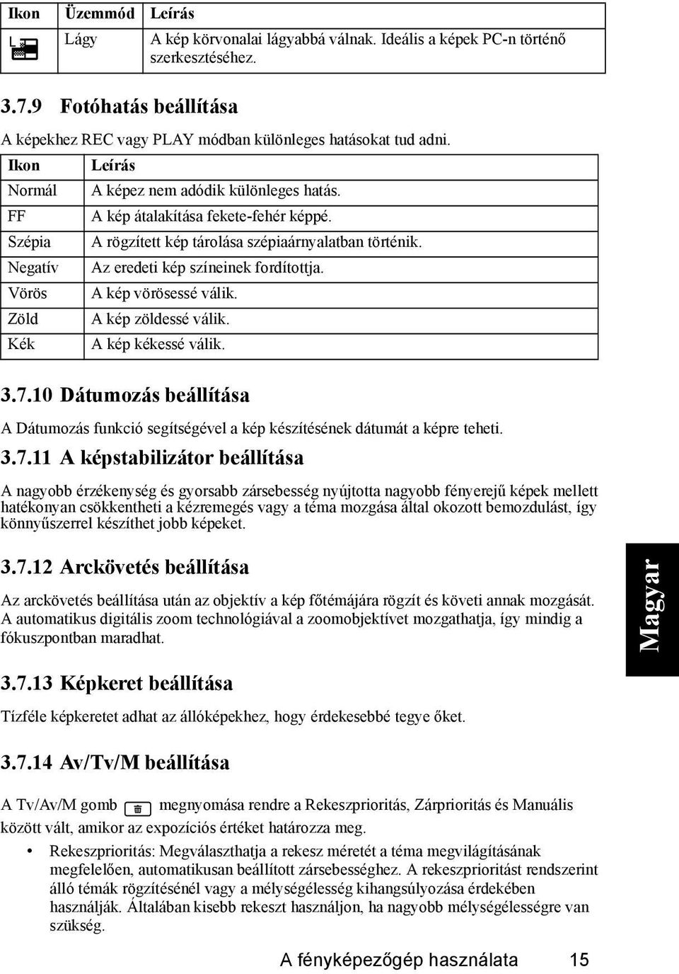 Negatív Az eredeti kép színeinek fordítottja. Vörös A kép vörösessé válik. Zöld A kép zöldessé válik. Kék A kép kékessé válik. 3.7.