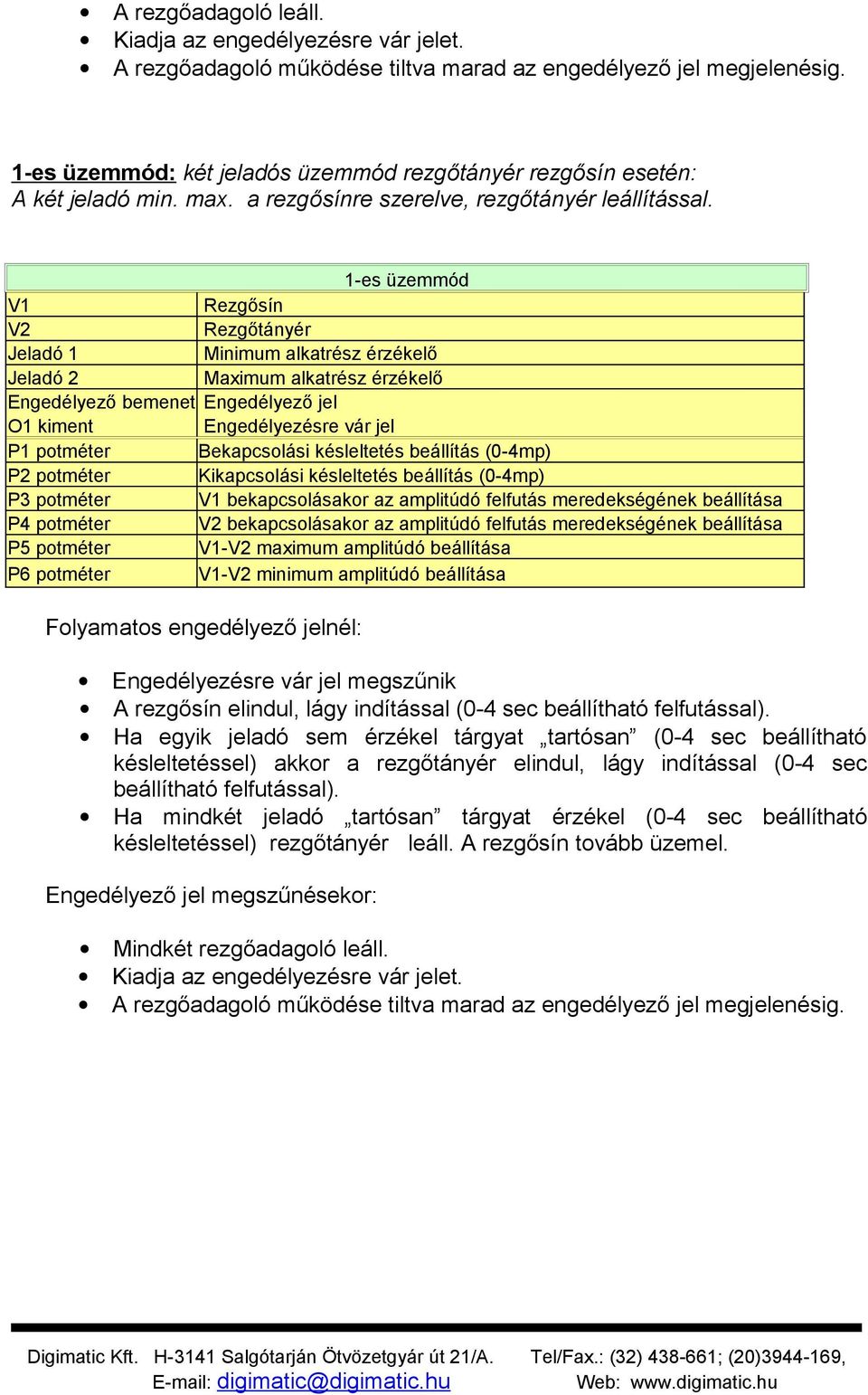 1-es üzemmód Rezgősín Rezgőtányér Jeladó 1 Minimum alkatrész érzékelő Jeladó 2 Maximum alkatrész érzékelő Engedélyező bemenet Engedélyező jel Engedélyezésre vár jel Bekapcsolási késleltetés beállítás